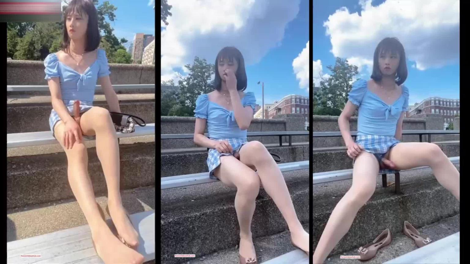 性感人妖蓝天白云户外大胆露出打飞机肉色丝袜 预览截图 2