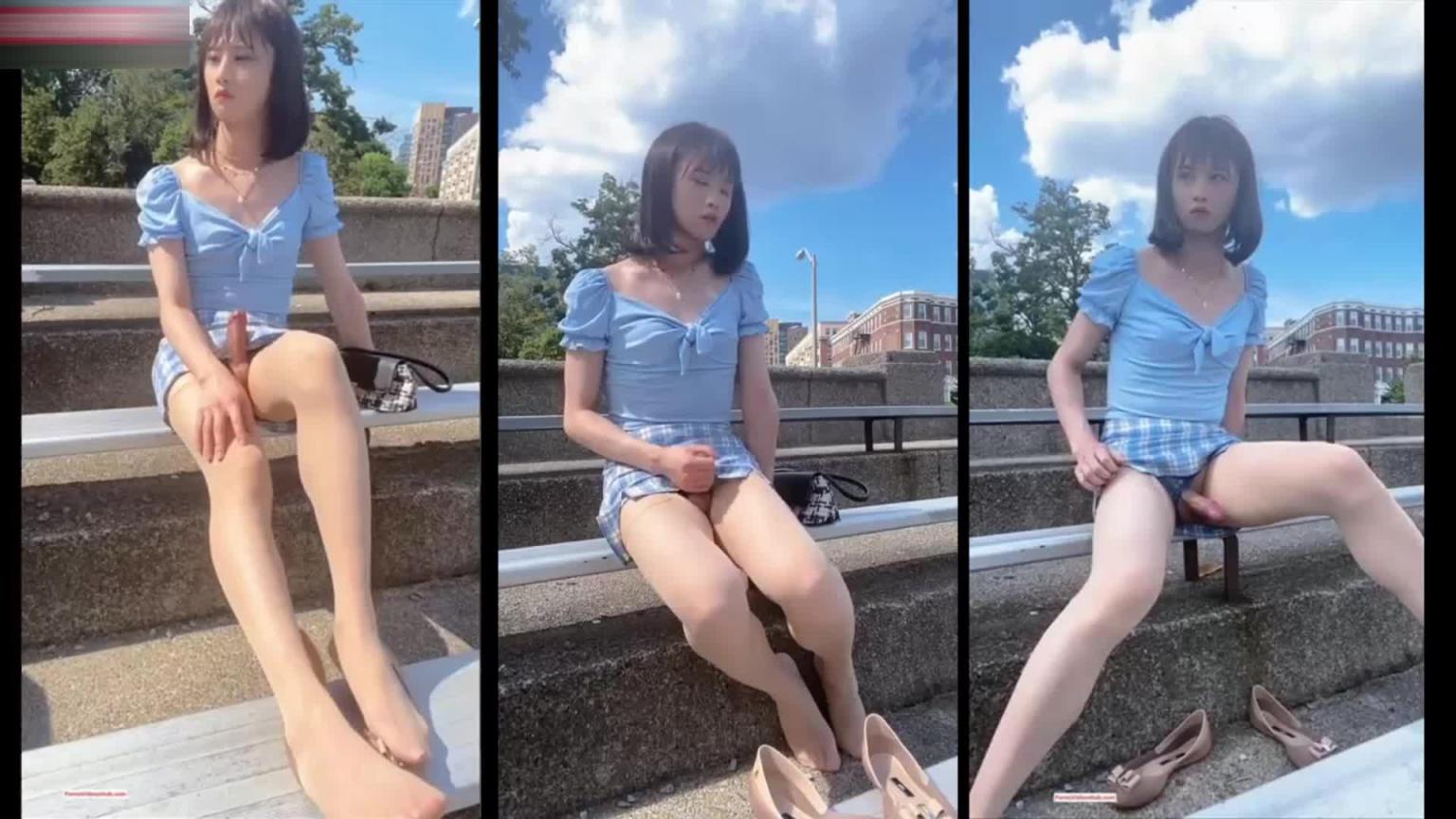 性感人妖蓝天白云户外大胆露出打飞机肉色丝袜 预览截图 4