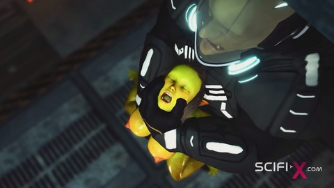 星际飞船中的外星人性爱。女性绿色外星人被一个大怪物操了